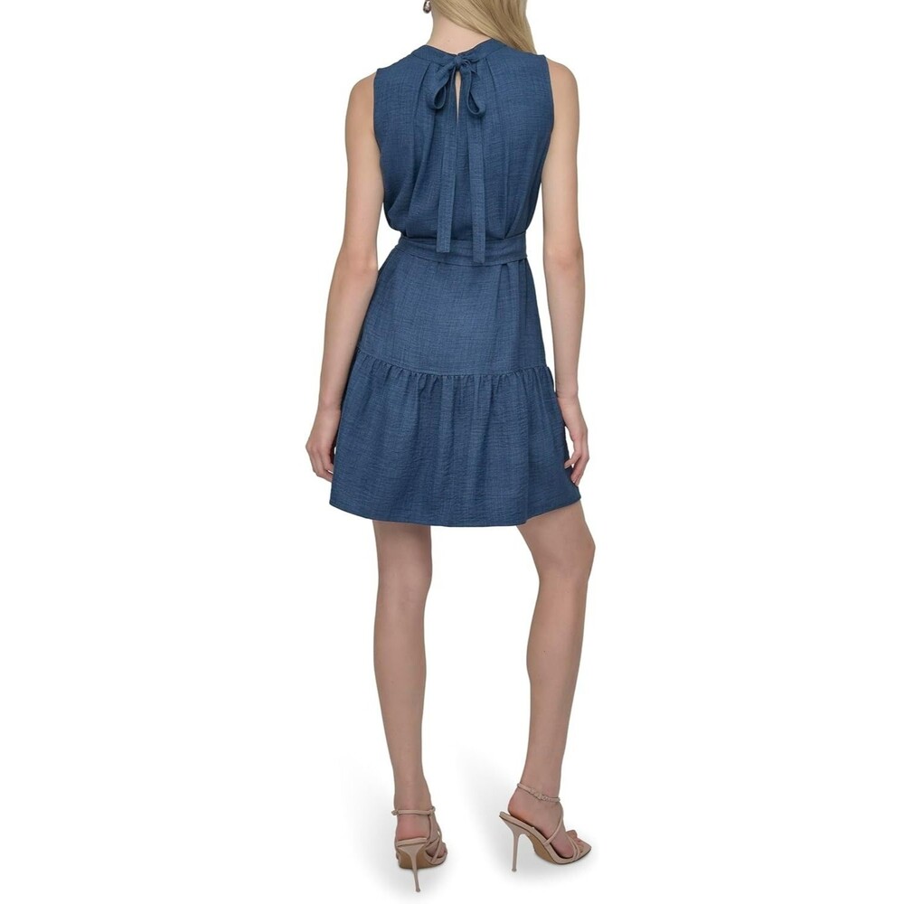 DKNY Women's Fit & Flare Mini Dress Size 10 Denim Blue Sleeveless Jewel Neck - Picture 3 of 6